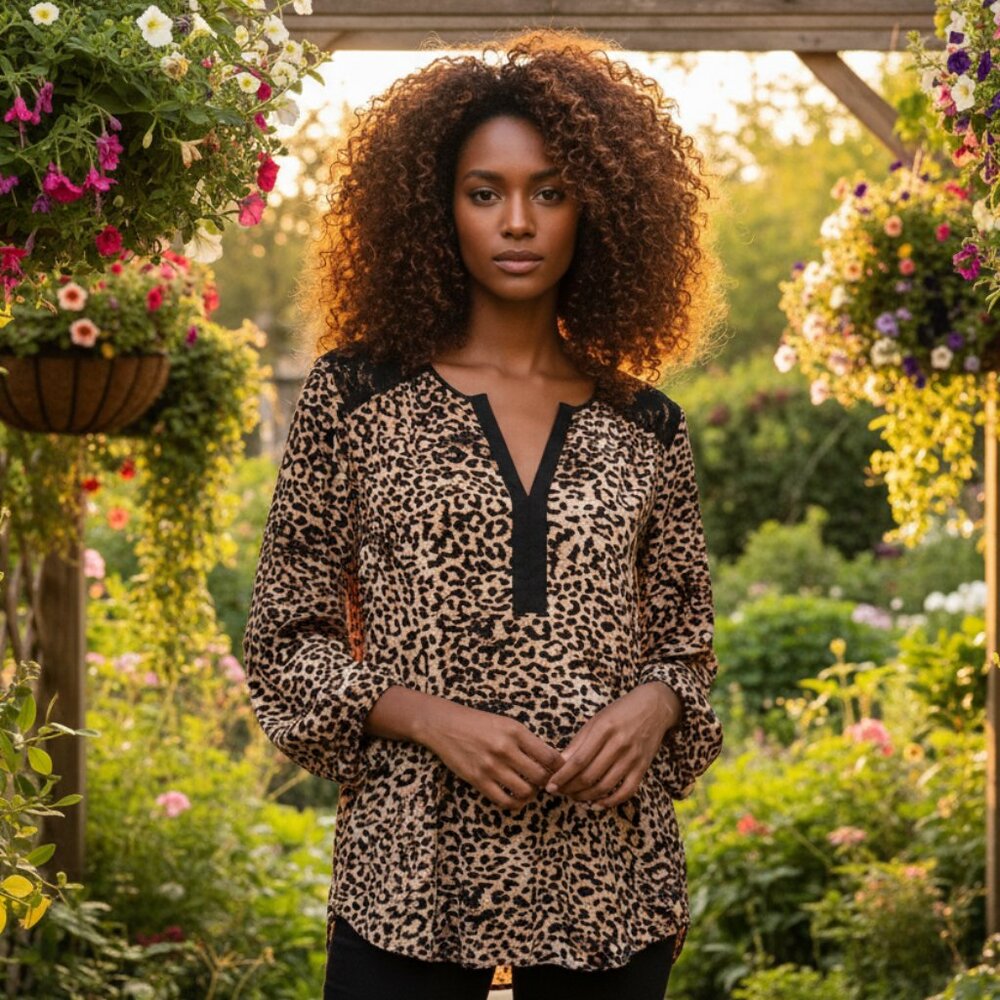 Signature Studio 1X Tunic Top Brown Black‎ Animal Lace Boho Cottage Hippie Glam